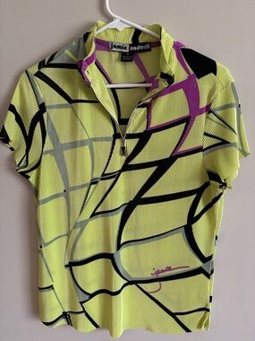 jamie sadock Neon Yellow and Black Graphic Zip Polo with Purple Accents